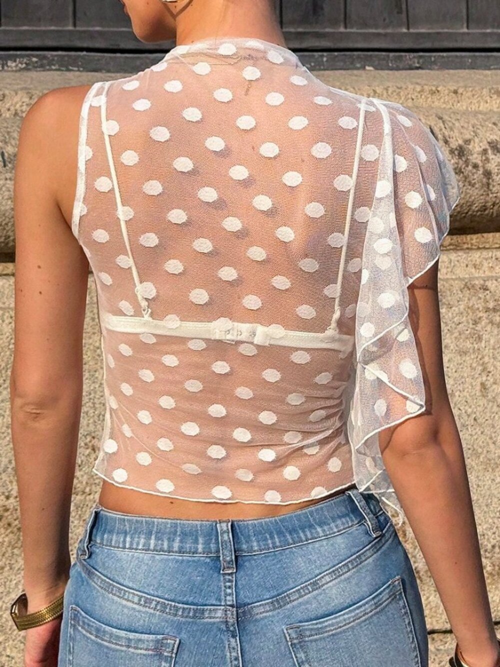 White Casual Women's Sheer Polka Dot Asymmetric Blouse - Picture 2 of 7